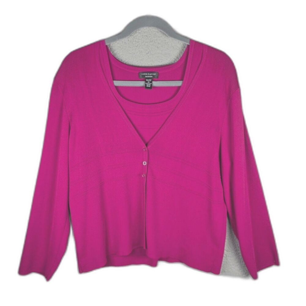 Cable and Gauge Woman Twin Set Cardigan Shell Fuchsia Pink 2X Plus Viscose Knit